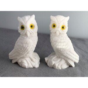 Vintage Italian Alabaster Owl Figurines with Yellow Eyes 1980s